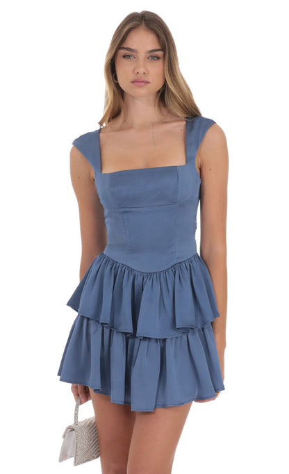 Lucy In The Sky Satin Wide Strap Ruffle Dress in Denim Blue