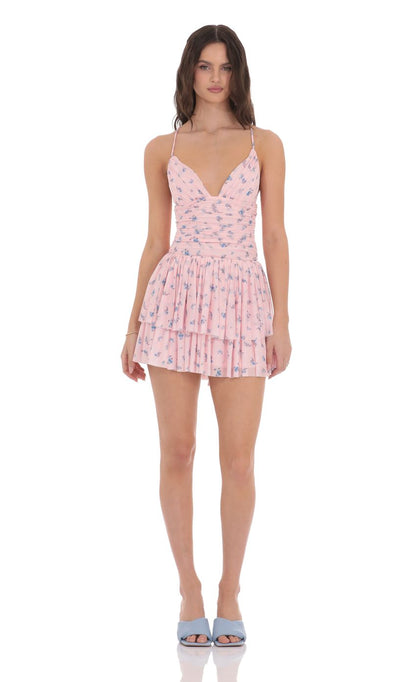 Lucy In The Sky Floral Mesh Tiered Dress in Pink