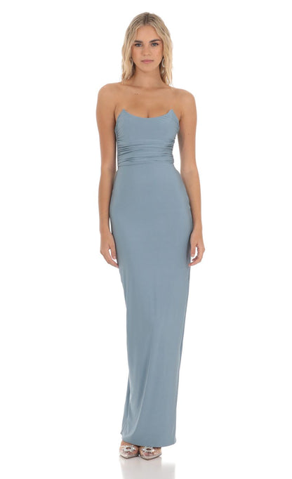 Lucy in the Sky Strapless Corset Sequin Butterfly Maxi Dress in Blue