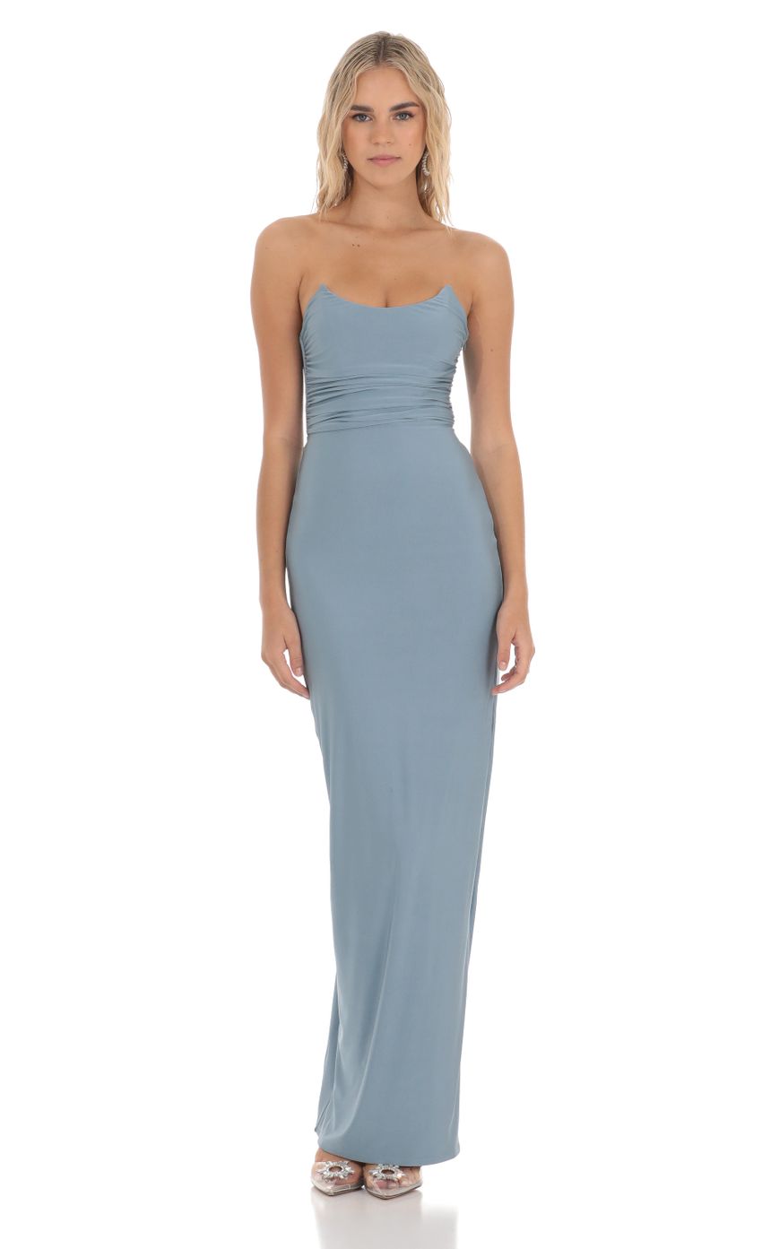 Lucy In The Sky Strapless Corset Sequin Butterfly Maxi Dress in Blue