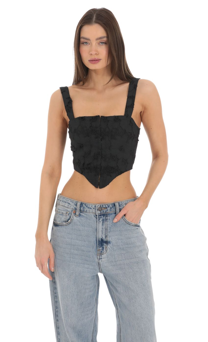 Lucy in the Sky Embroidered Floral Pointed Top in Black