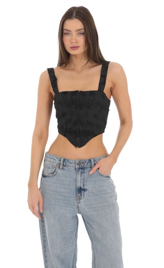 Lucy in the Sky Embroidered Floral Pointed Top in Black