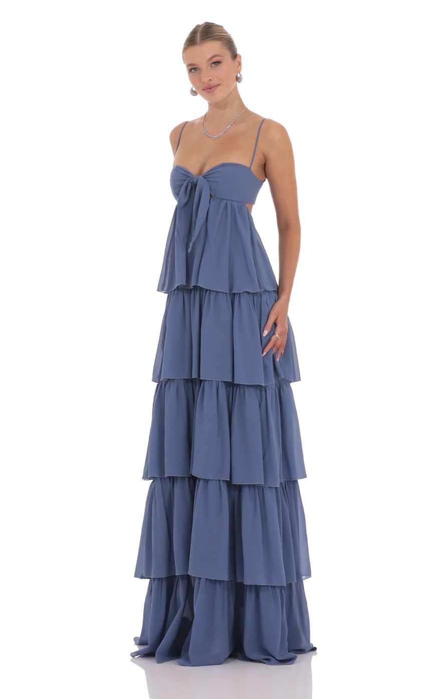 Lucy In The Sky Chiffon Front Tie Ruffle Dress in Denim Blue