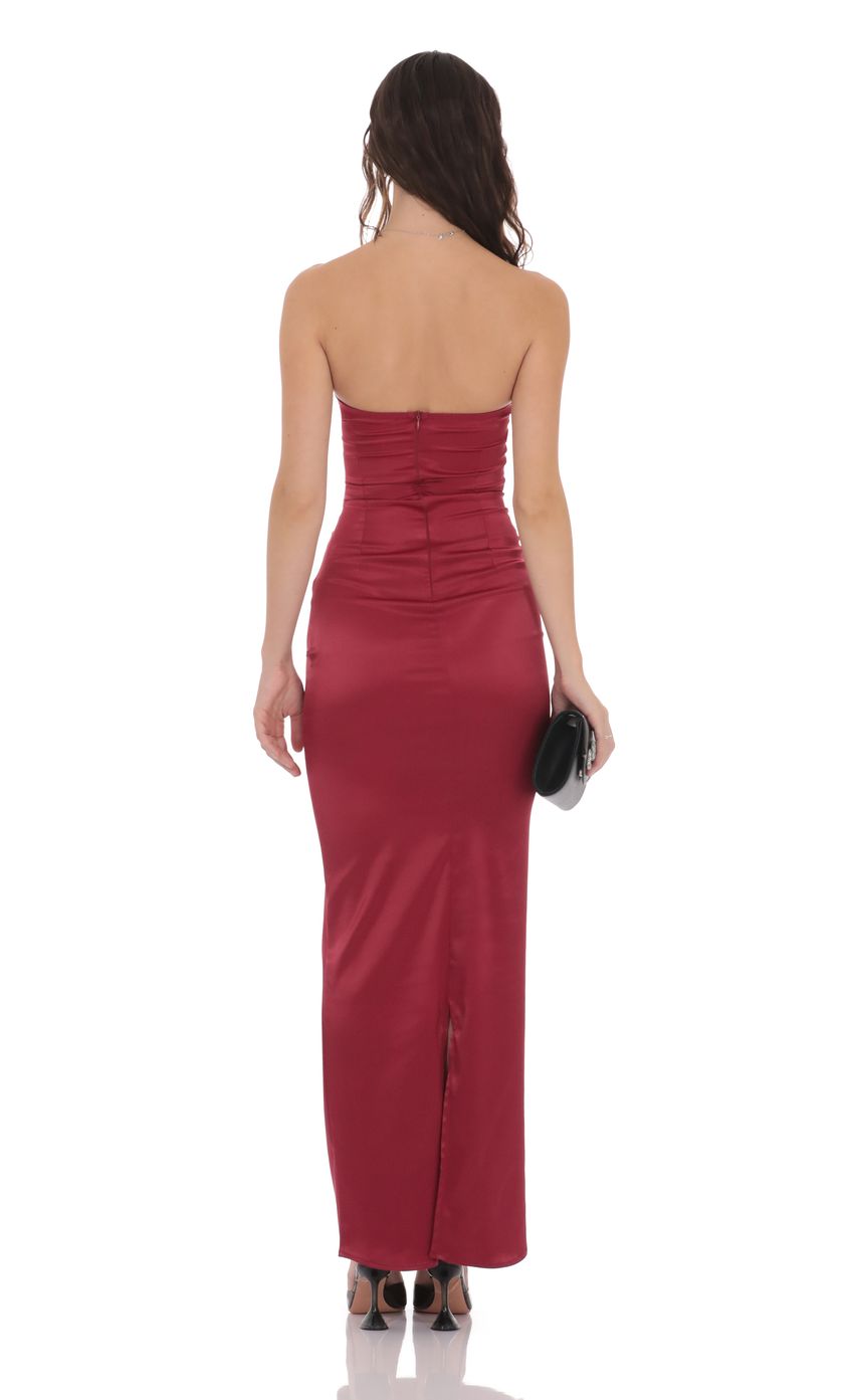 Lucy In The Sky Satin V-Strapless Maxi Dress in Maroon