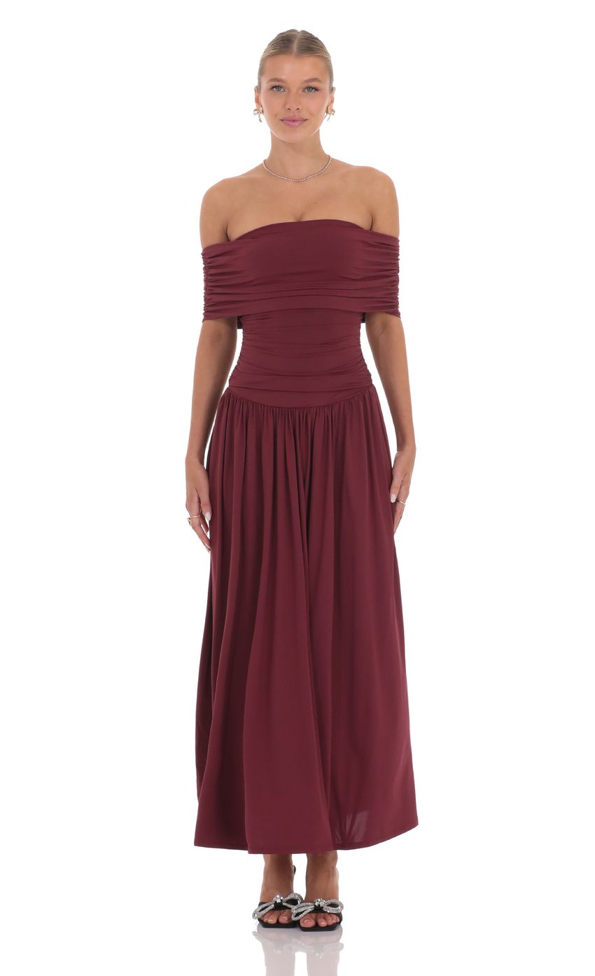Lucy In The Sky Off Shoulder Drop Waist Maxi Dress in Burgundy