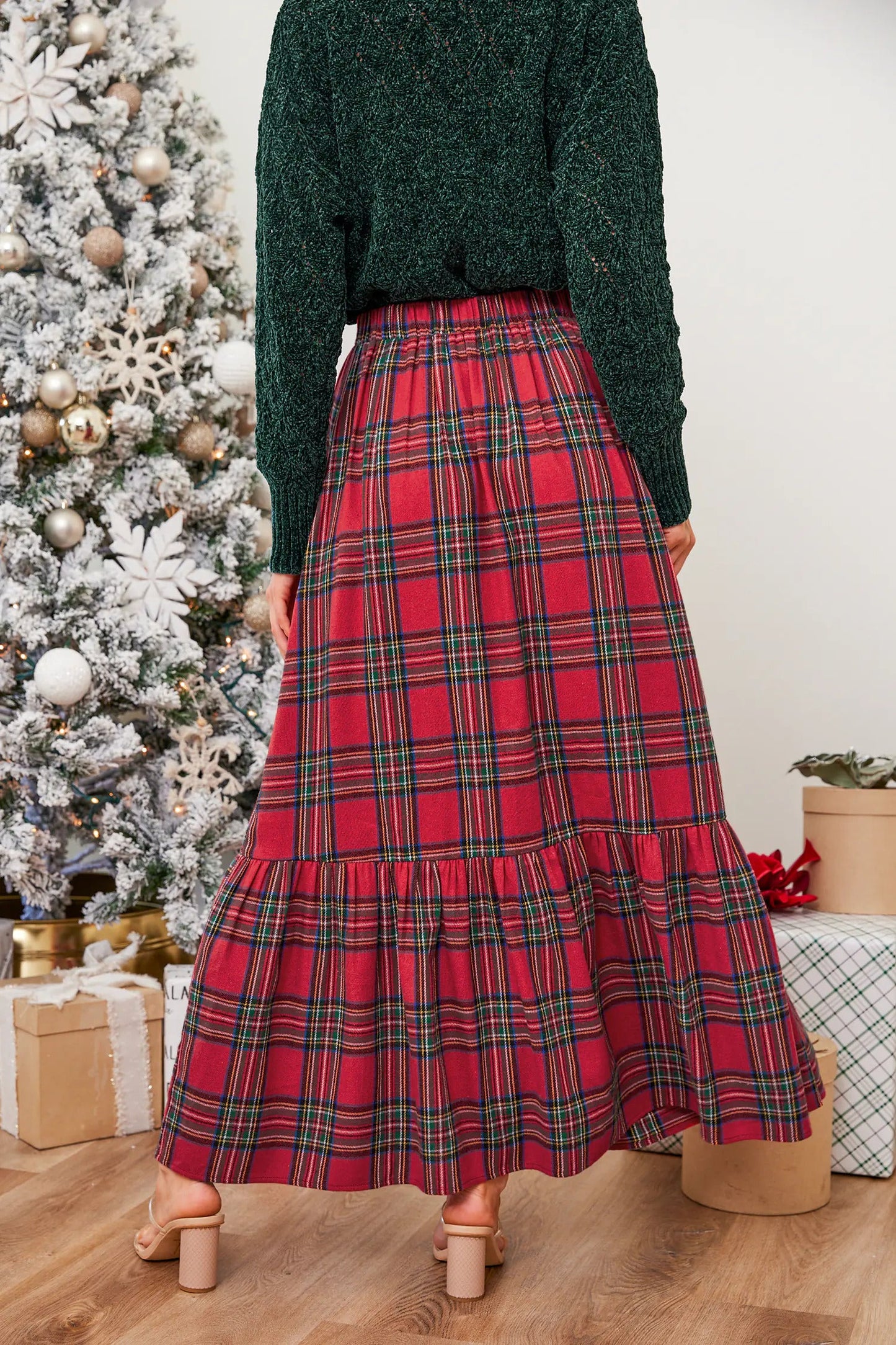 Cupshe Burgundy Plaid Ruffled Maxi Skirt (x2)