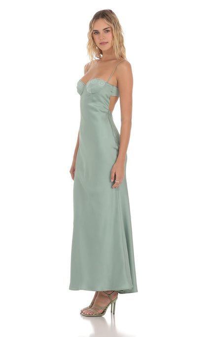 Lucy In The Sky Satin Sweetheart Neck Maxi Dress in Sage Green