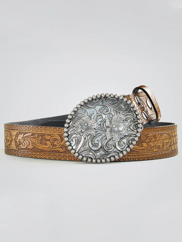 Ursime Western Retro PU Leather Floral Carved Belt