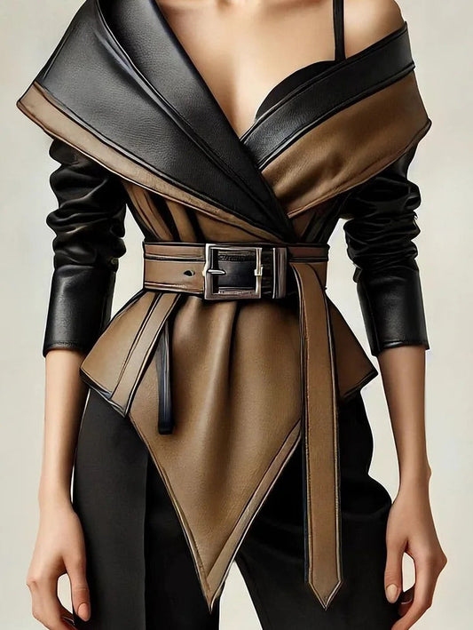 Ursime PU Leather Two Tone Irregular Hem Belt Jacket