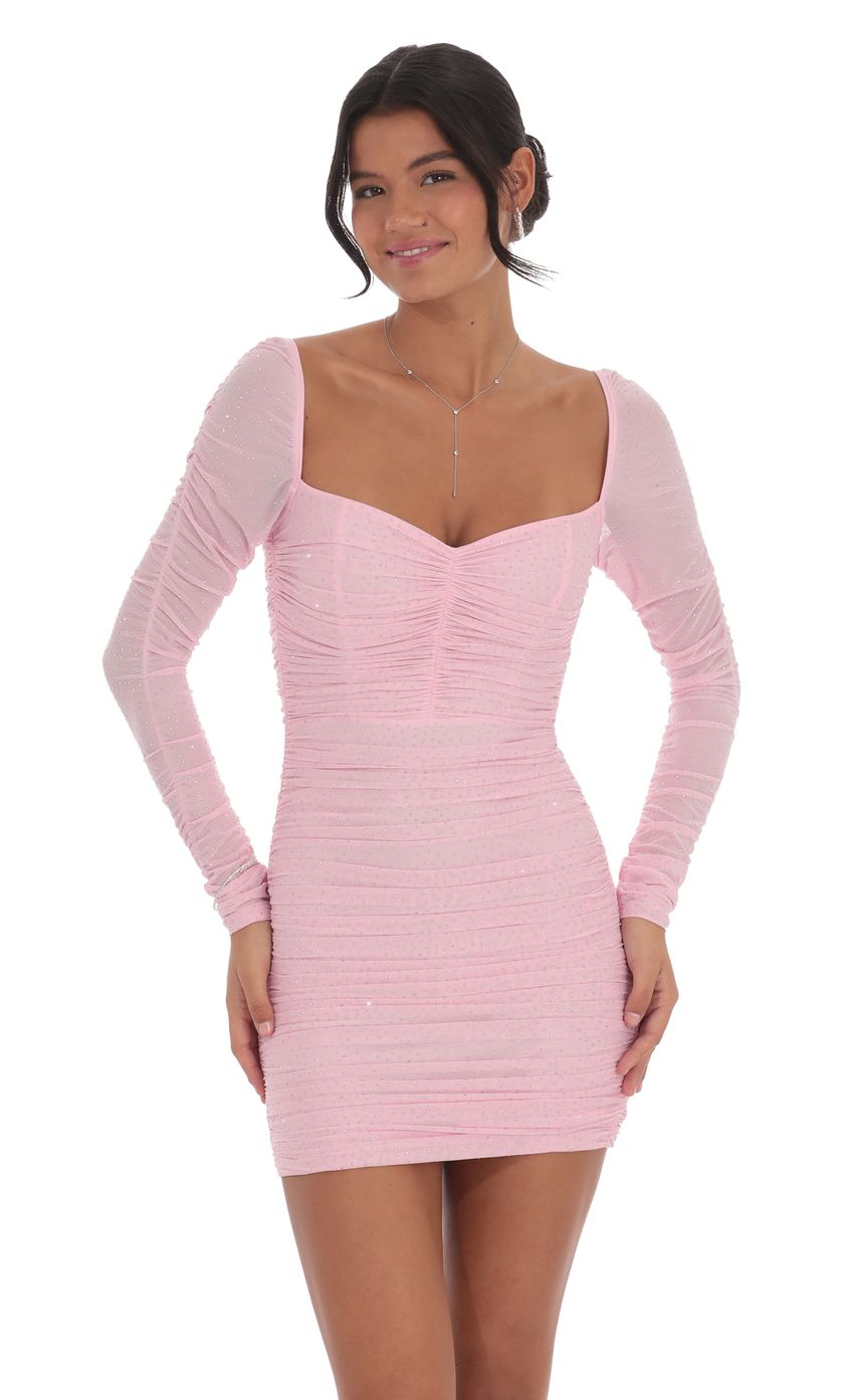 Lucy In The Sky Rhinestone Long Sleeve Bodycon Dress in Pink