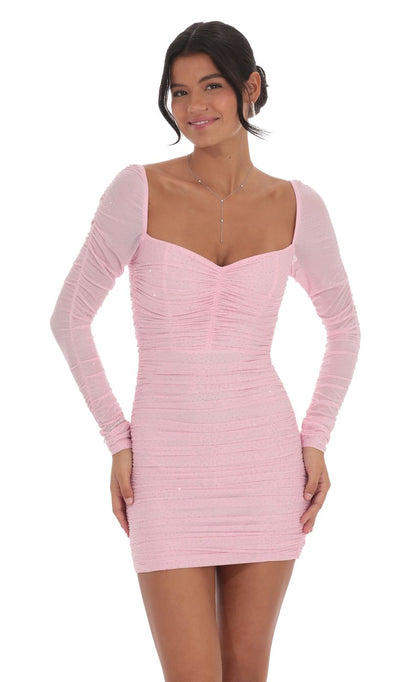 Lucy In The Sky Rhinestone Long Sleeve Bodycon Dress in Pink