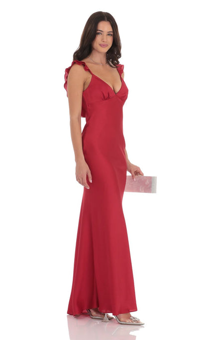 Lucy in the Sky Satin Ruffle Open Maxi Dress in Red
