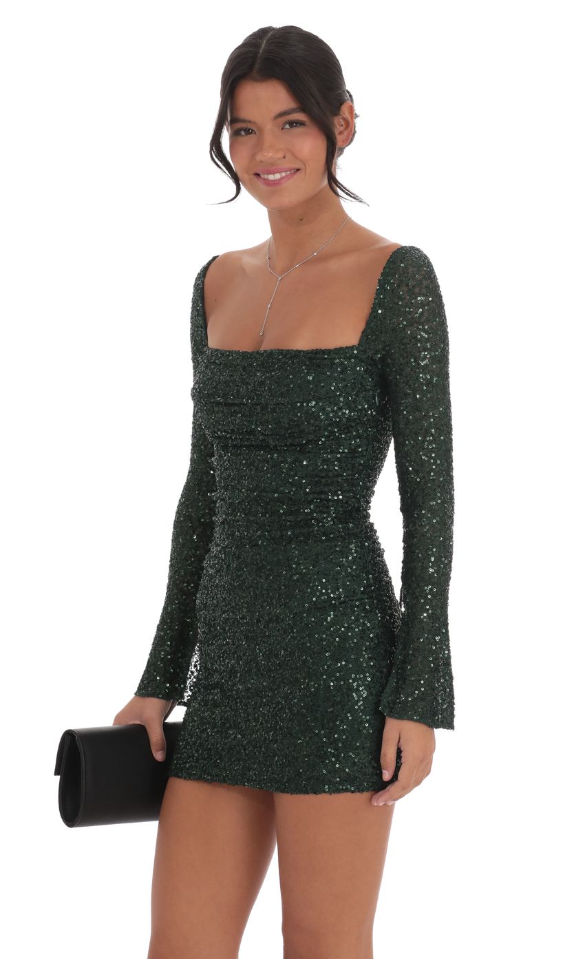 Lucy In The Sky Knit Sequin Long Sleeve Dress in Green
