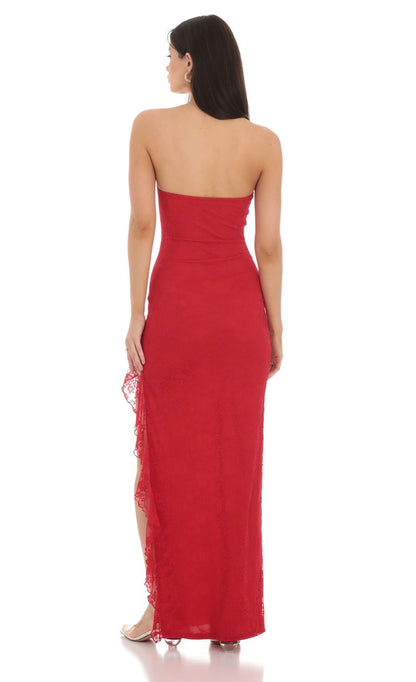 Lucy In The Sky Strapless Lace Ruffle Slit Dress in Red