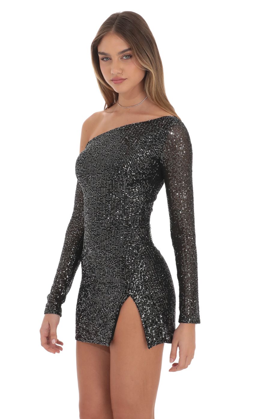 Lucy In The Sky Silver Sequin One Off Shoulder Bodycon Dress in Black