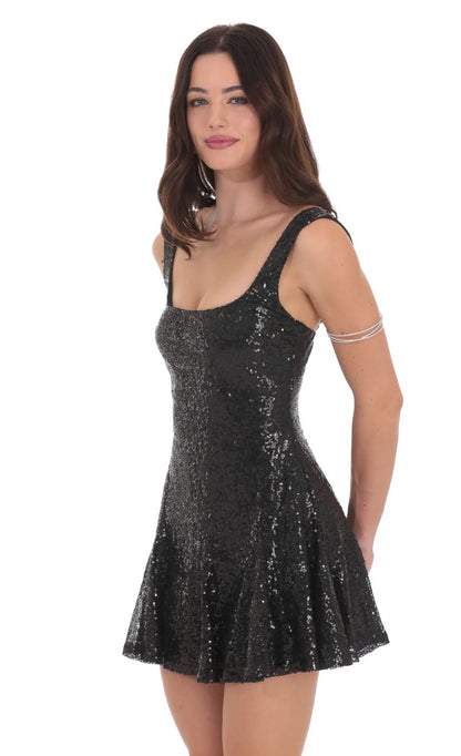 Lucy In The Sky Sequin Skater Dress in Black