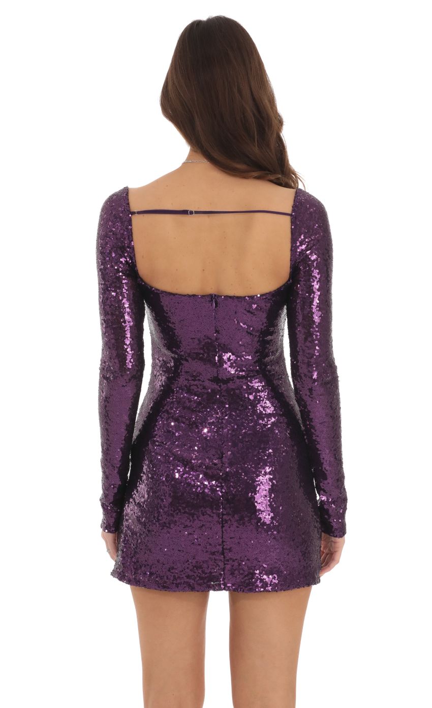 Lucy In The Sky Sequin Long Sleeve Bodycon Dress in Purple