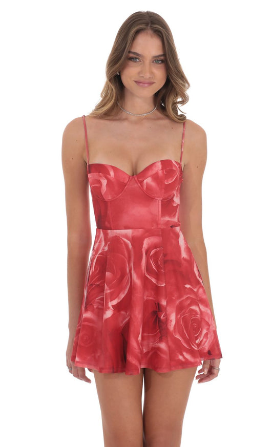 Lucy In The Sky Rose Mesh Corset A-line Dress in Red