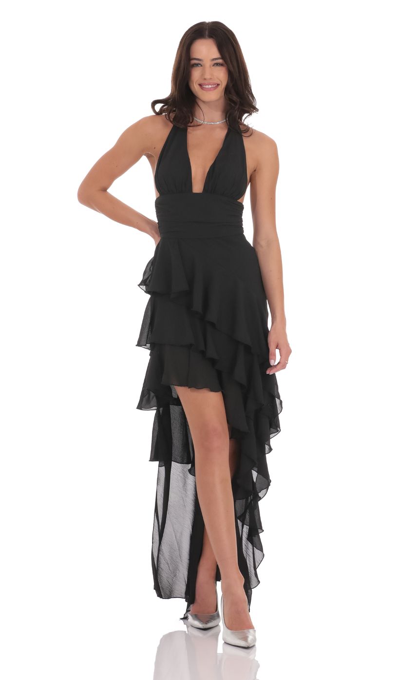 Lucy In The Sky Asymmetrical Ruffle Maxi Dress in Black