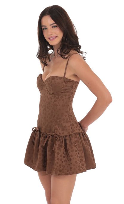 Lucy In The Sky Floral Double Bow Drop Waist Dress in Brown