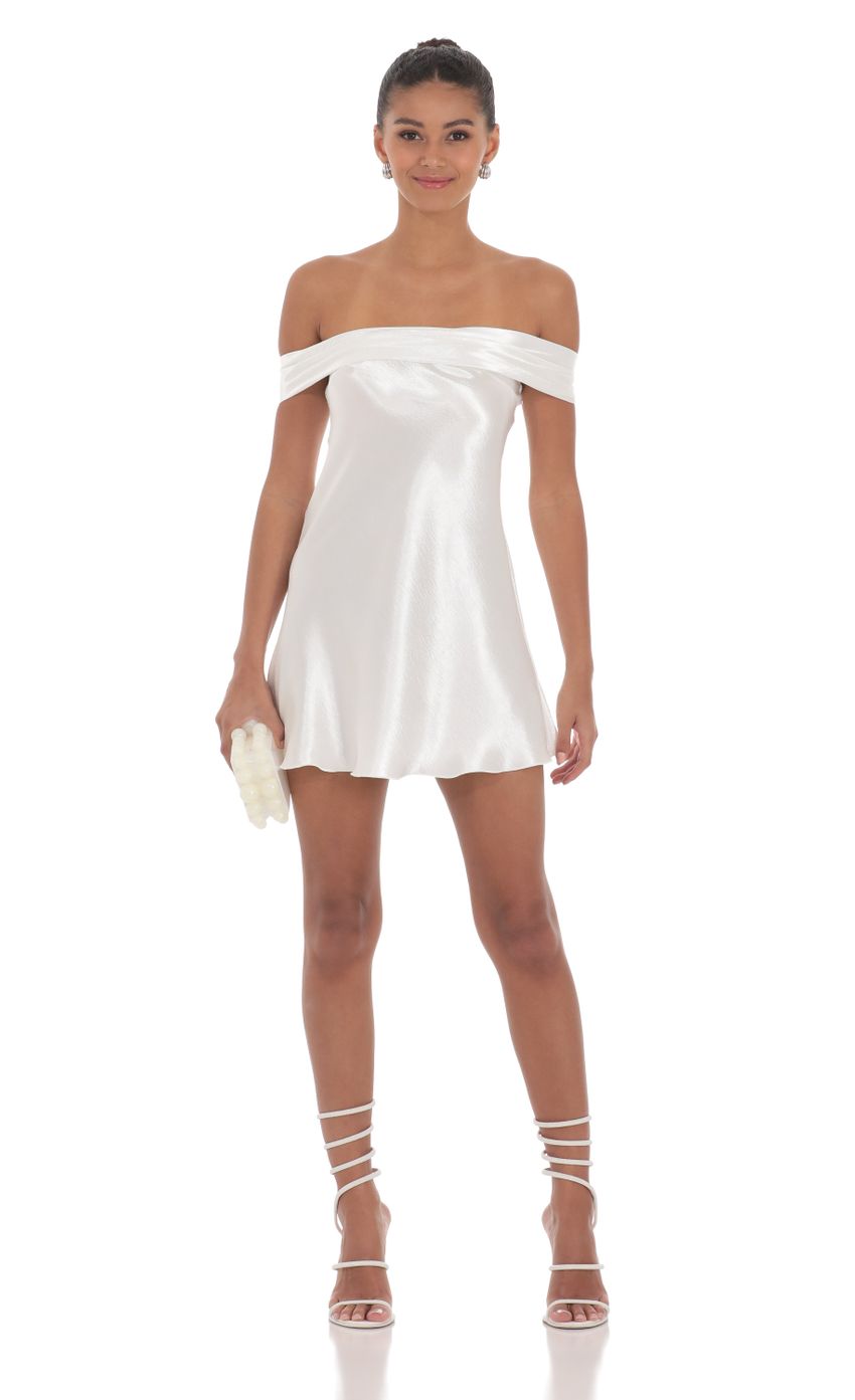 Lucy In The Sky Satin Off Shoulder Dress in White