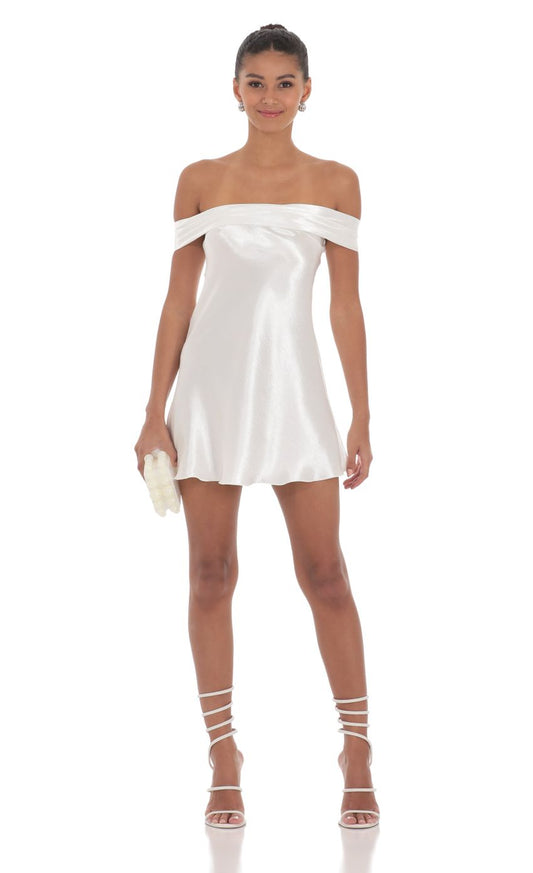 Lucy In The Sky Satin Off Shoulder Dress in White