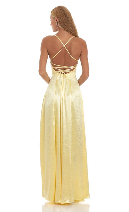 Lucy In The Sky Satin Slit Maxi Dress in Yellow