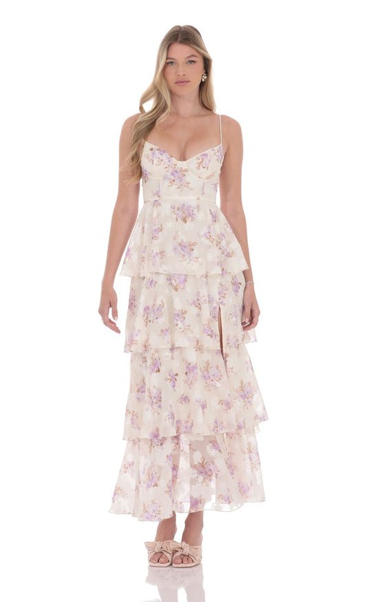 Lucy In The Sky Floral Ruffle A-line Maxi Dress in Cream