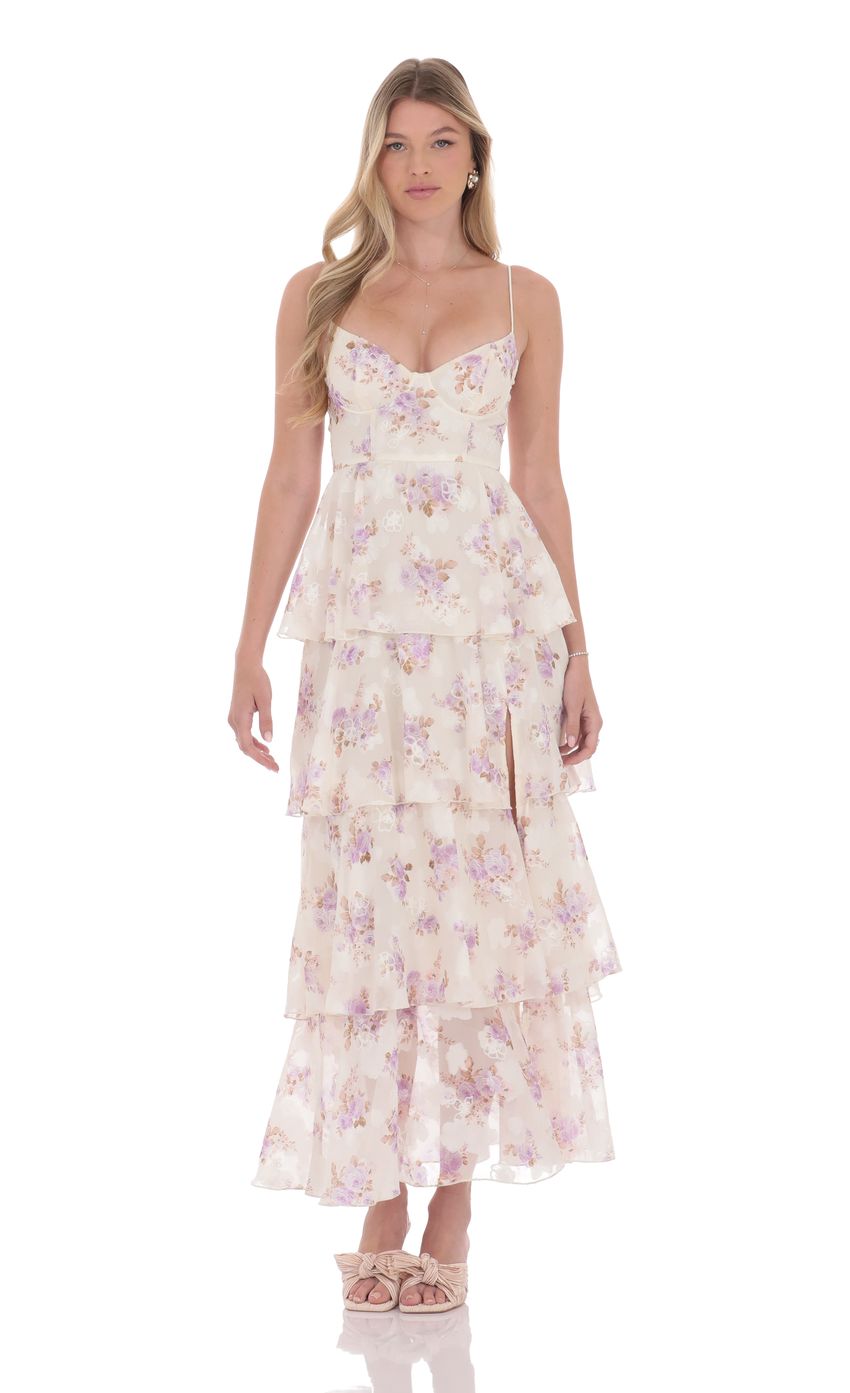 Lucy in the Sky Satin Floral Ruffle A-line Maxi Dress in Cream