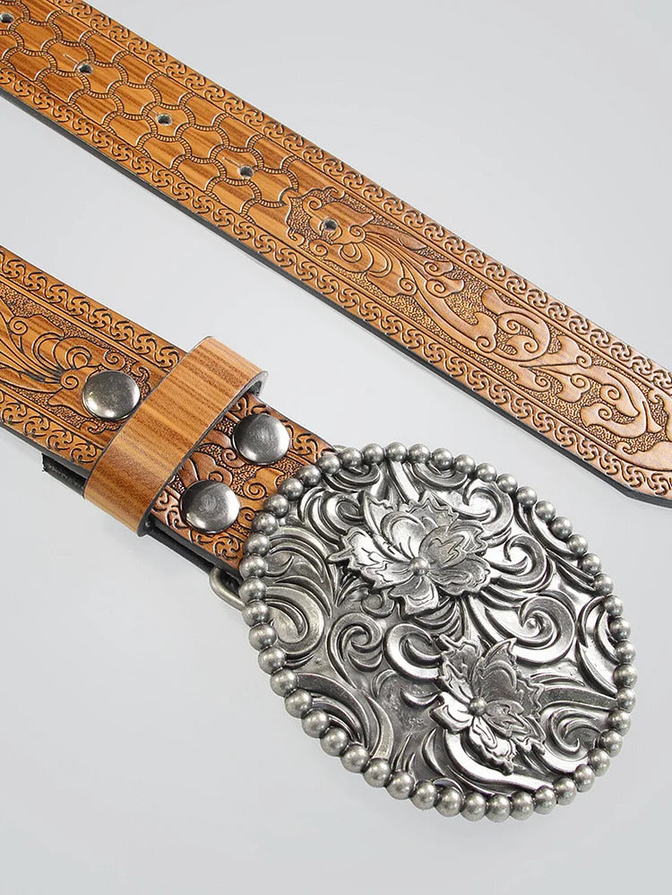 Ursime Western Retro PU Leather Floral Carved Belt