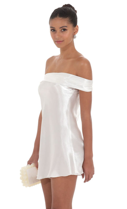 Lucy In The Sky Satin Off Shoulder Dress in White