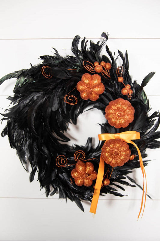 Decorator's Warehouse 17” Black Feather Glitter Pumpkin Wreath