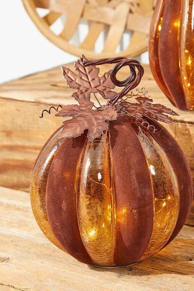 Decorator's Warehouse 12" Velvet & Glass Light Up Pumpkin - Chocolate