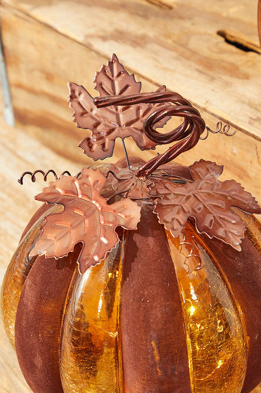 Decorator's Warehouse 12" Velvet & Glass Light Up Pumpkin - Chocolate