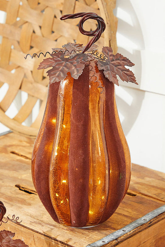 Decorator's Warehouse 14" Velvet & Glass Light Up Pumpkin - Chocolate