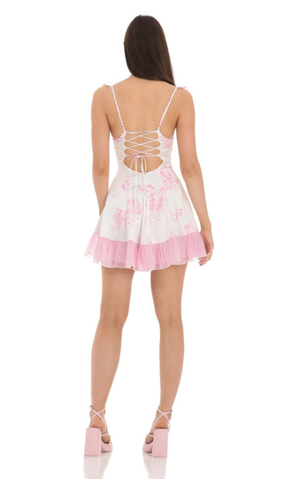 Lucy In The Sky Satin Floral Fit and Flare Dress in White