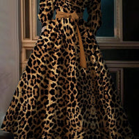 Ursime Leopard Print Stand Collar Long Sleeve Pocket Maxi Dress