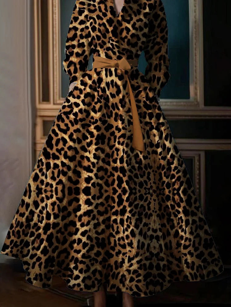 Ursime Leopard Print Stand Collar Long Sleeve Pocket Maxi Dress