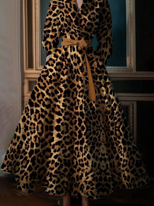 Ursime Leopard Print Stand Collar Long Sleeve Pocket Maxi Dress