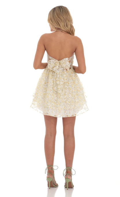Lucy In The Sky Floral Shimmer Cutout Babydoll Dress in Yellow