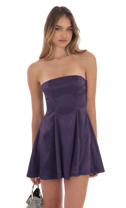Lucy In The Sky Strapless Satin Fit and Flare Dress in Purple