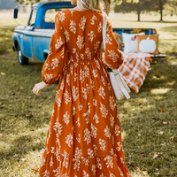 Cupshe Burnt Orange Floral Blouson Sleeve Smocked Waist Maxi Dress