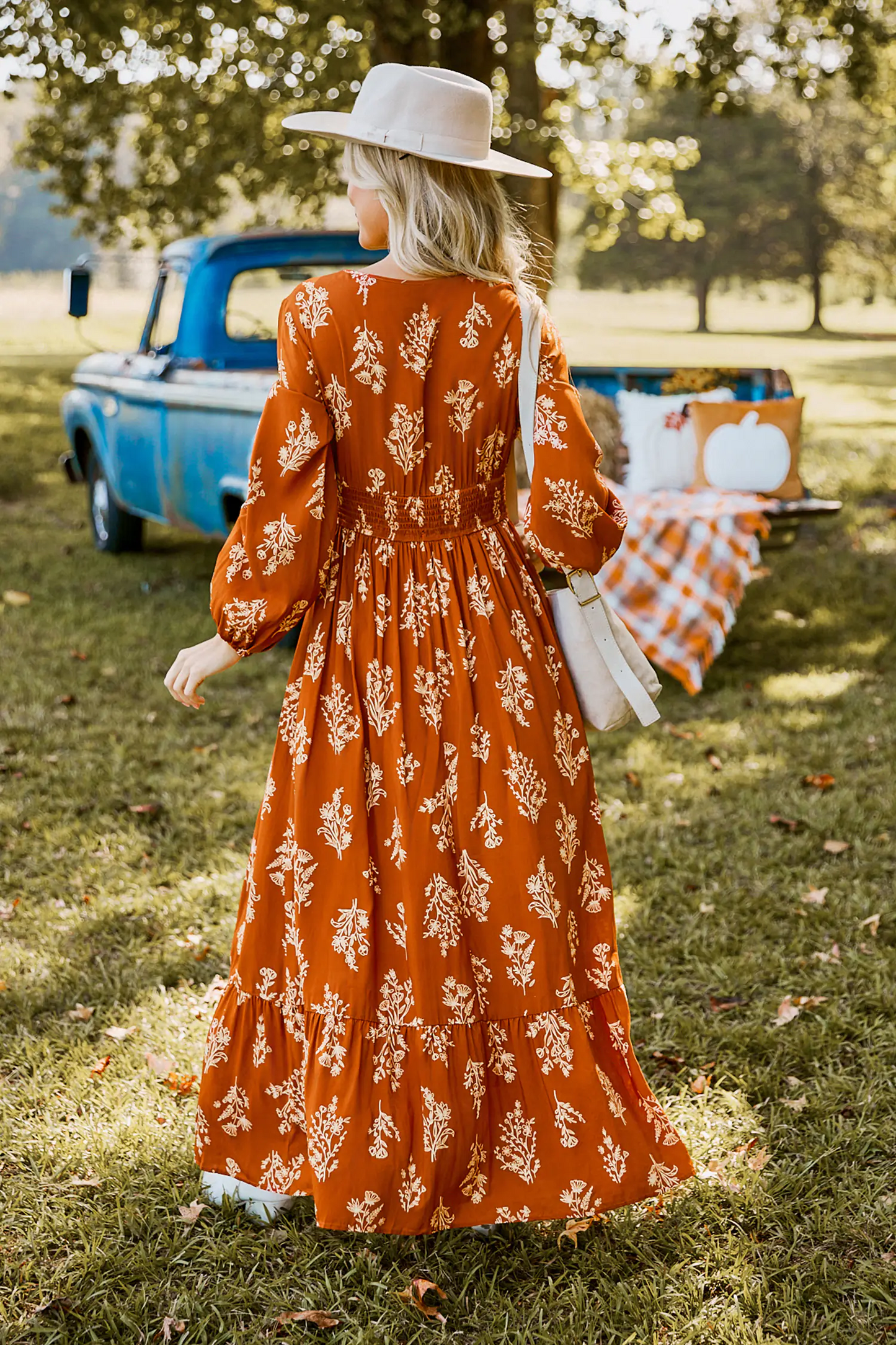 Cupshe Burnt Orange Floral Blouson Sleeve Smocked Waist Maxi Dress