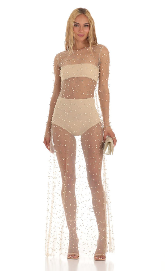 Lucy in the Sky Pearl Mesh Dress in Beige