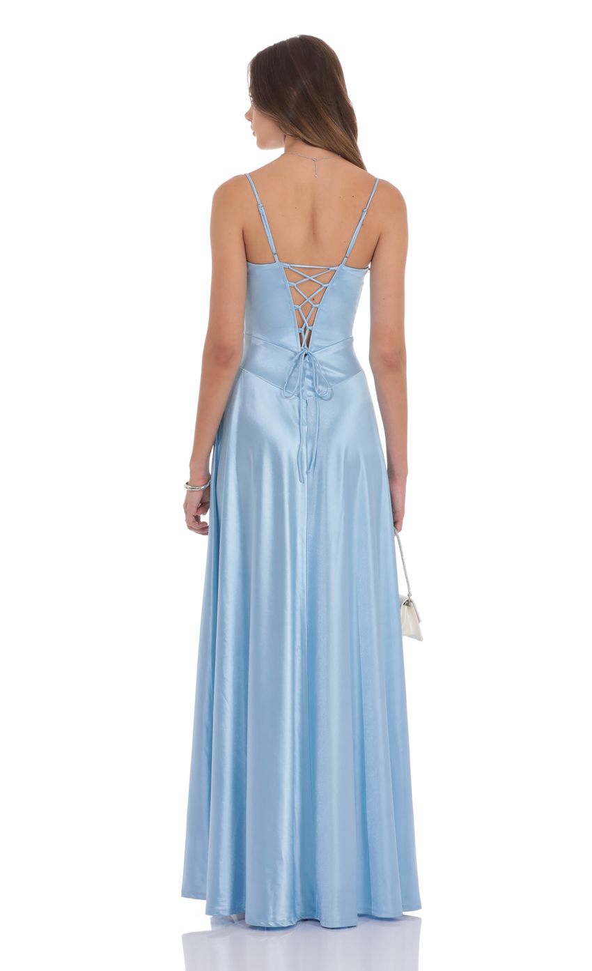 Lucy In The Sky Satin Square Neck Maxi Dress in Light Blue