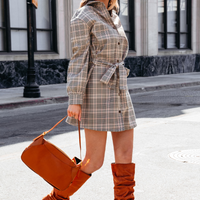 Cupshe Taupe Plaid Collared Long Sleeve Mini Shirt Dress