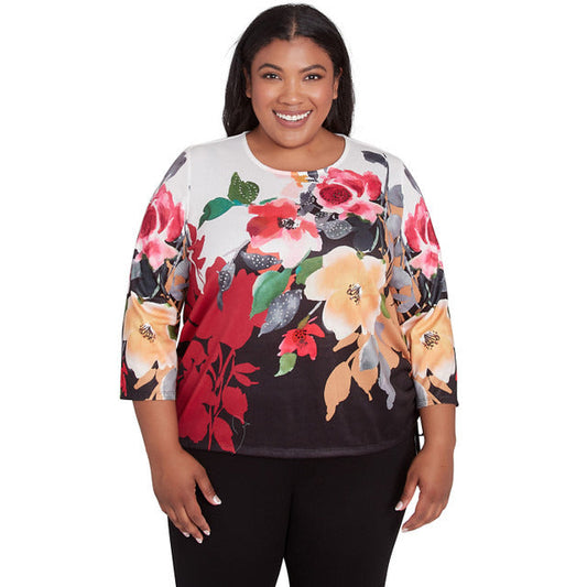 Alfred Dunner Women's Floral Crew Neck with Drawstring Hem Top