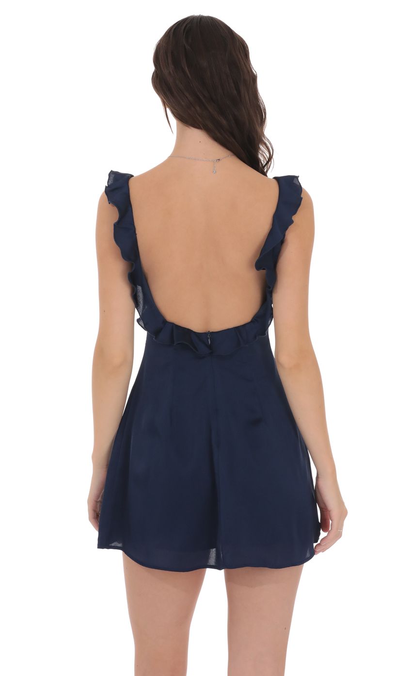 Lucy In The Sky Satin Ruffle V-Neck Dress in Navy