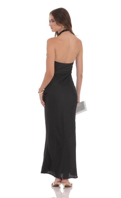 Lucy In The Sky Satin Cross Halter Maxi Dress in Black