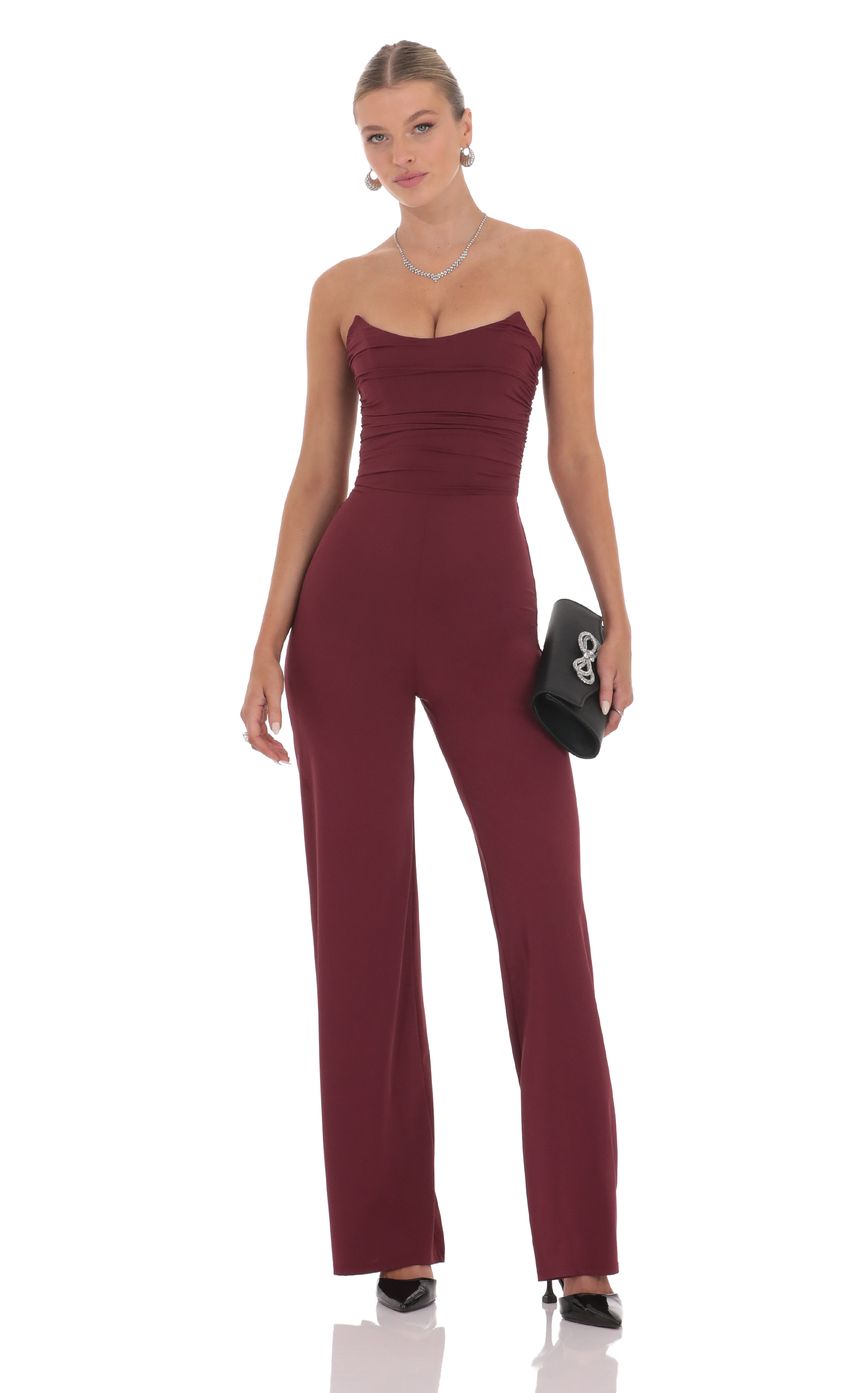 Lucy In The Sky Strapless Pointed Corset Jumpsuit in Burgundy